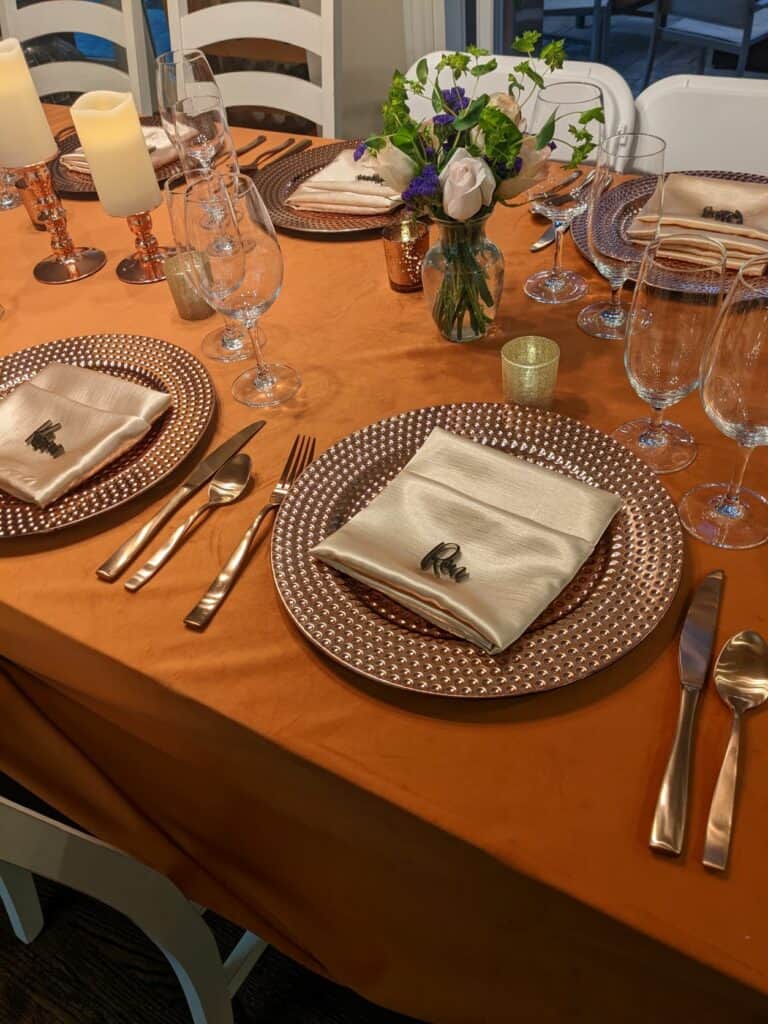 Burnt Orange Velvet Linen with Rose Gold Charger plates